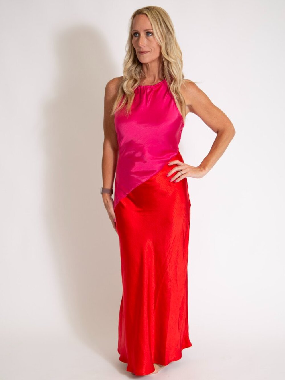 Asymmetrical Satin Dress | Pink & Red